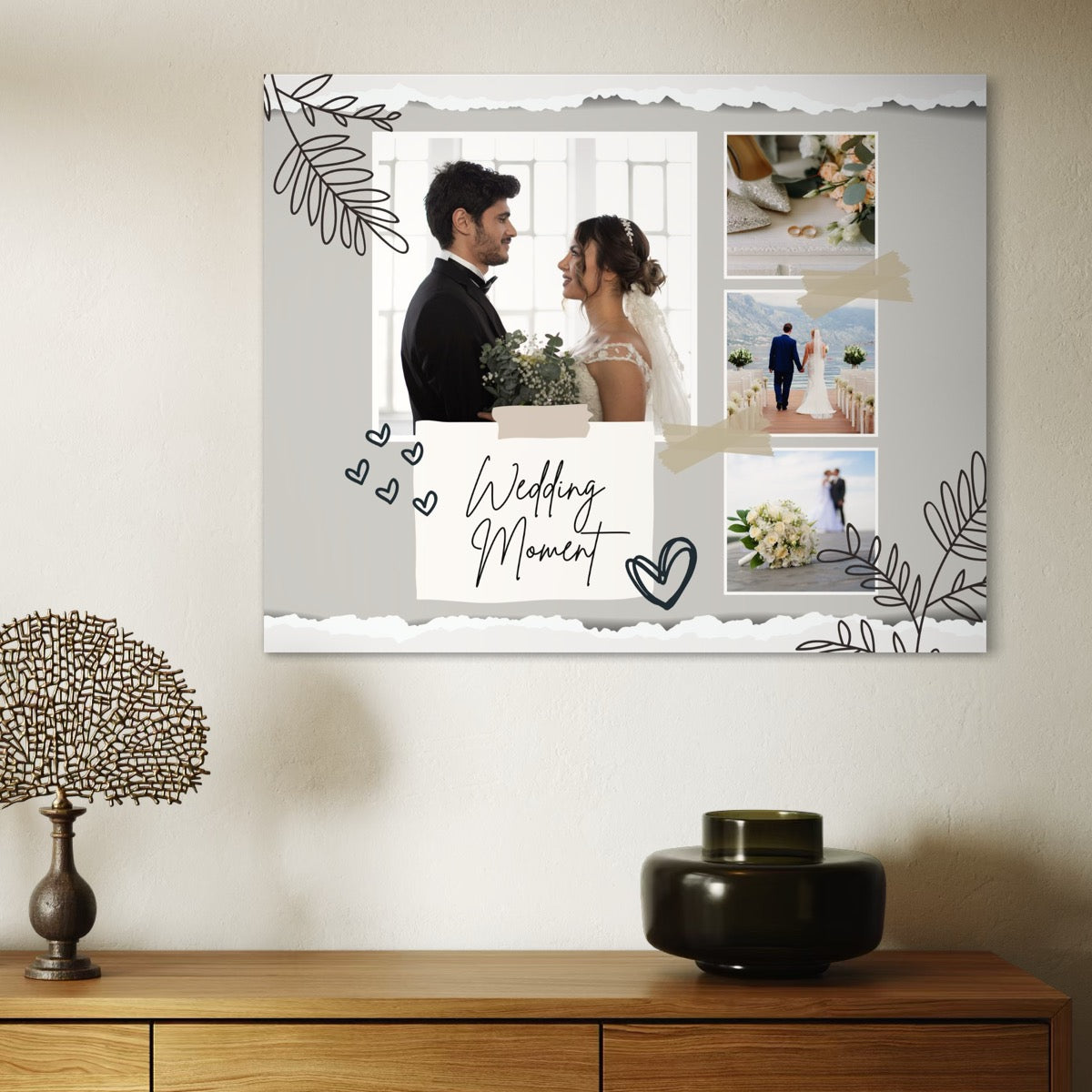 Tablou canvas decorativ cu colaj foto nunta cu text wedding moment